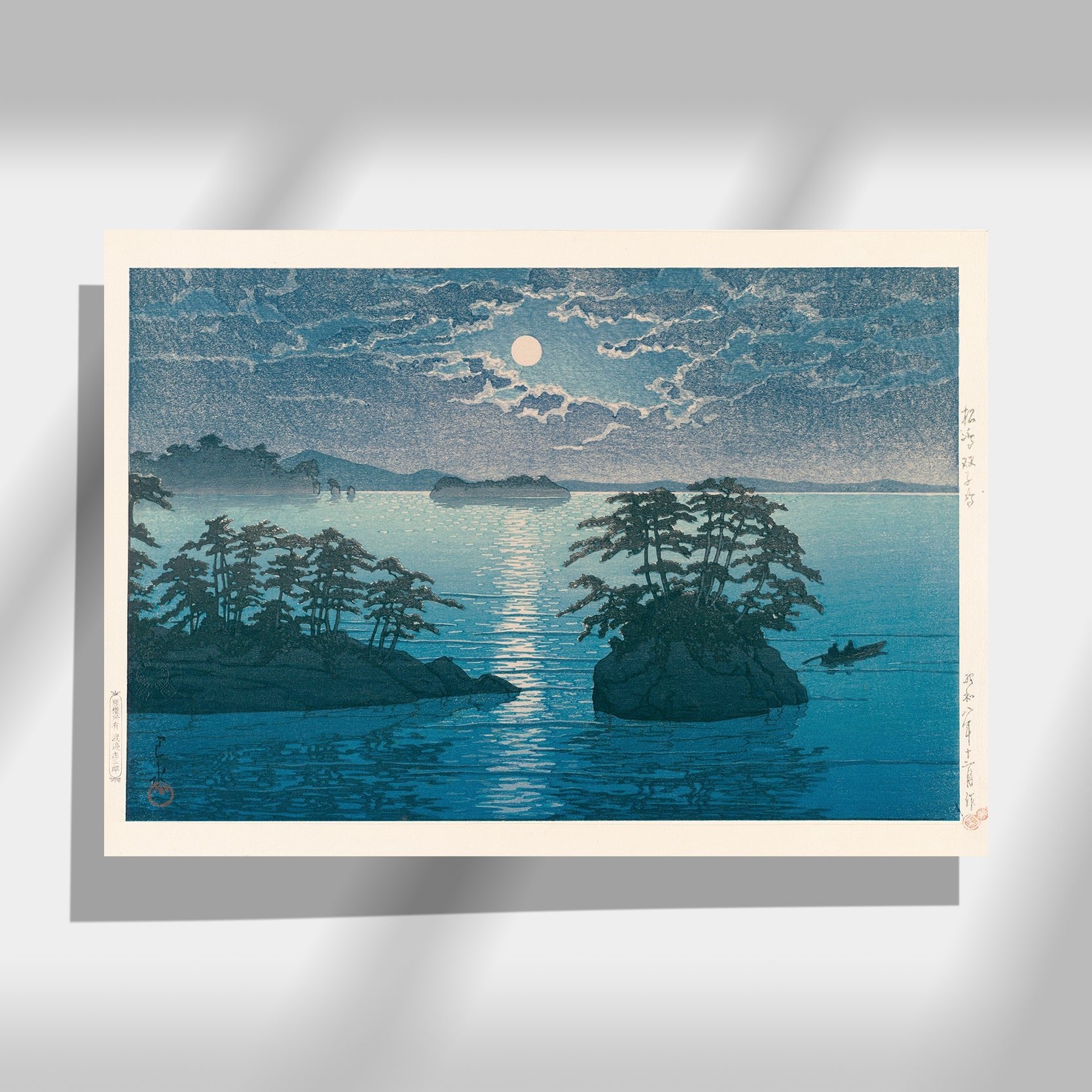 Japanese Art Poster by Kawase Hasui, featuring a serene moonlit night with small islands on the sea
