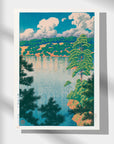 Japanese Art Poster by Kawase Hasui, featuring a serene lake surrounded by trees