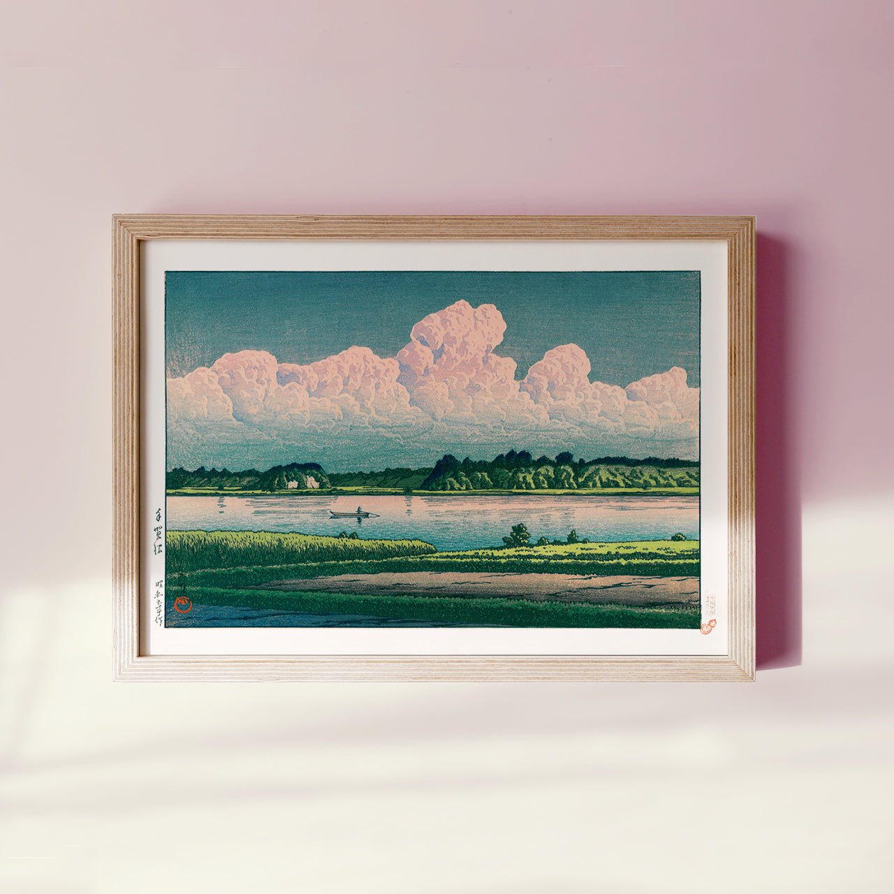 Framed Japanese Art Poster: Summer Dusk. Iridocumulus clouds tinged with pink, painting of clouds over the water