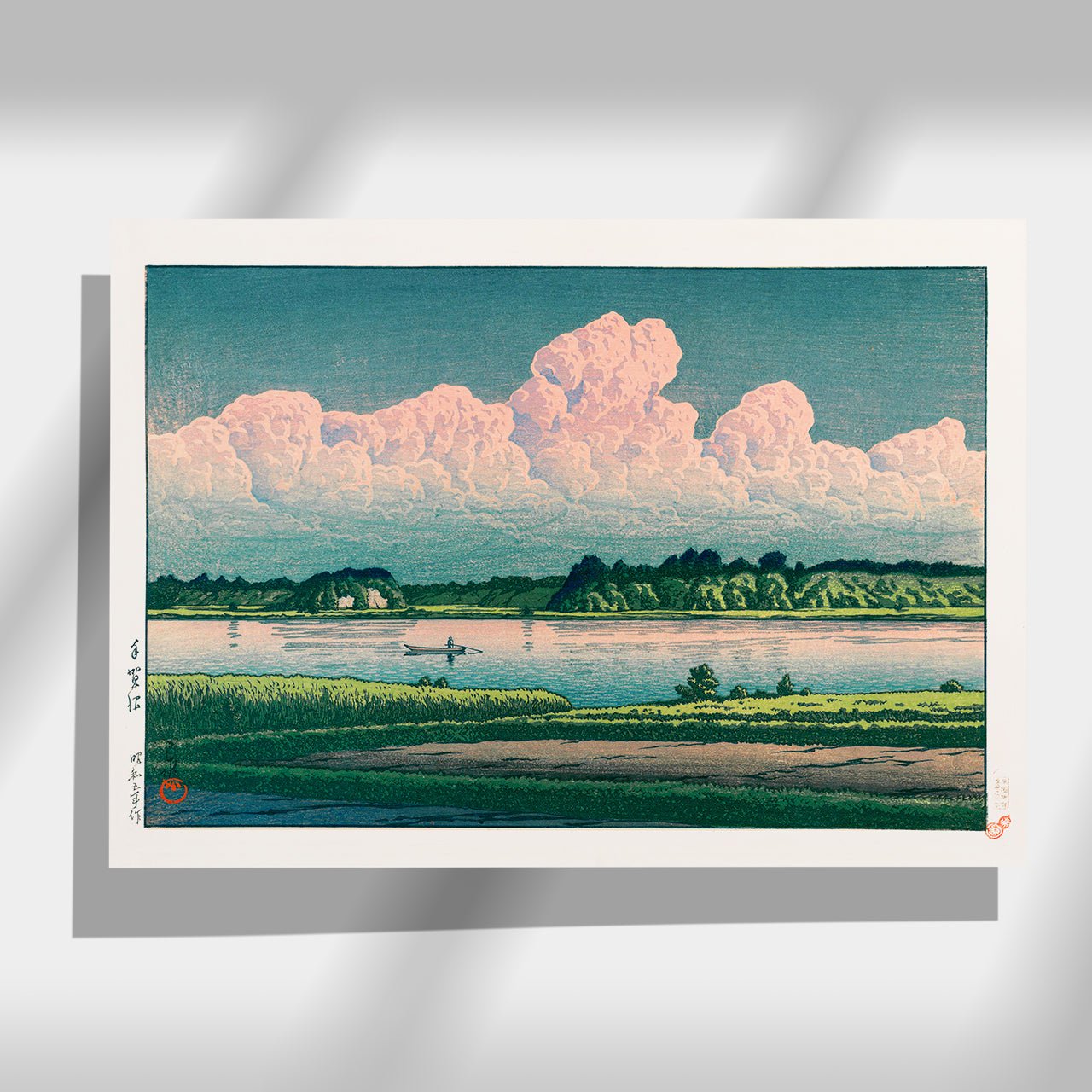 Japanese Art Poster: Summer Dusk. Iridocumulus clouds tinged with pink, painting of clouds over the water