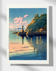 Japanese art poster By Kawase Hasui: Lighthouse and boat on calm sea. Morning sun gently illuminates a serene cape. 