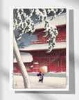 Japanese Art Poster by Kawase Hasui, depicting a woman walking in the snowstorm with an umbrella.