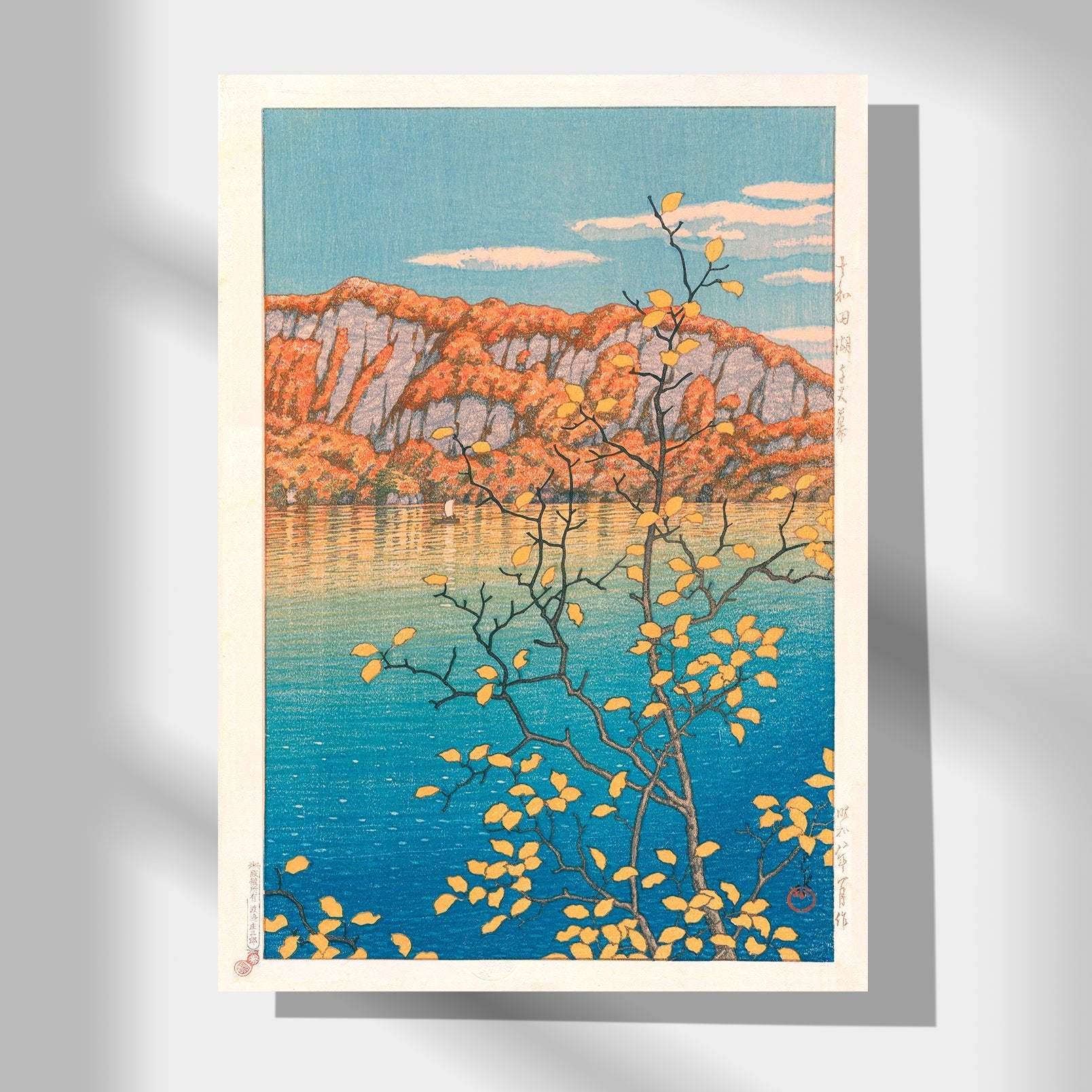 Mountain and lake with Autumn leaves in Japanese Art Poster by Kawase Hasui