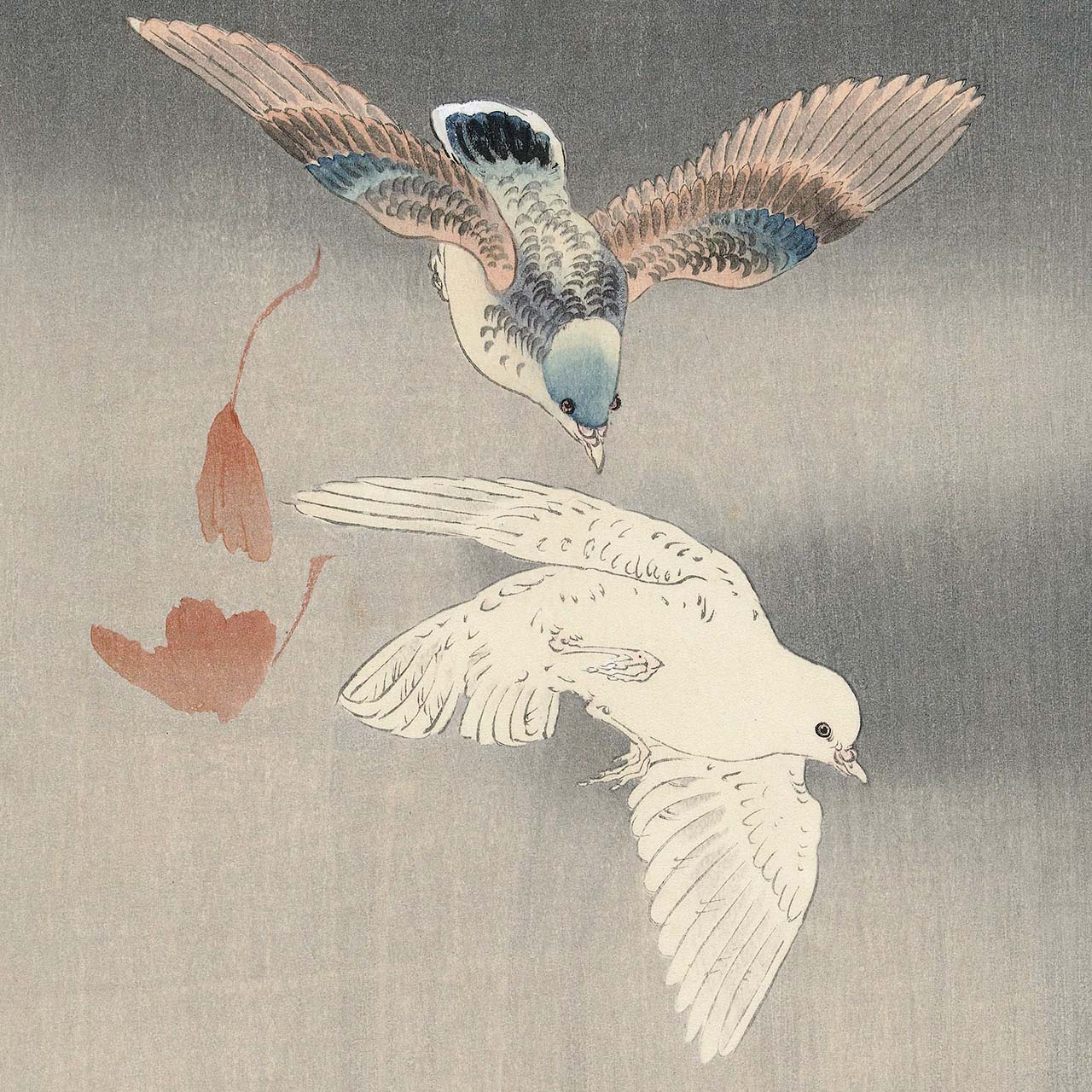 Two pigeons with falling ginko leaves - Japonica Graphic
